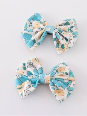 Blue & Cream Floral Kids Hair Bows - Set of 2